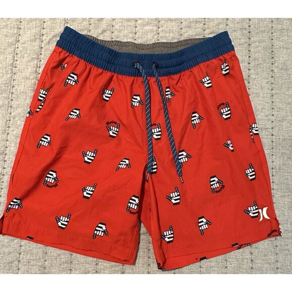 Hurley All Day Swim Trunks Mens Small Red Boxer Brief Lined Shaka Sign Print 7" - Picture 1 of 9